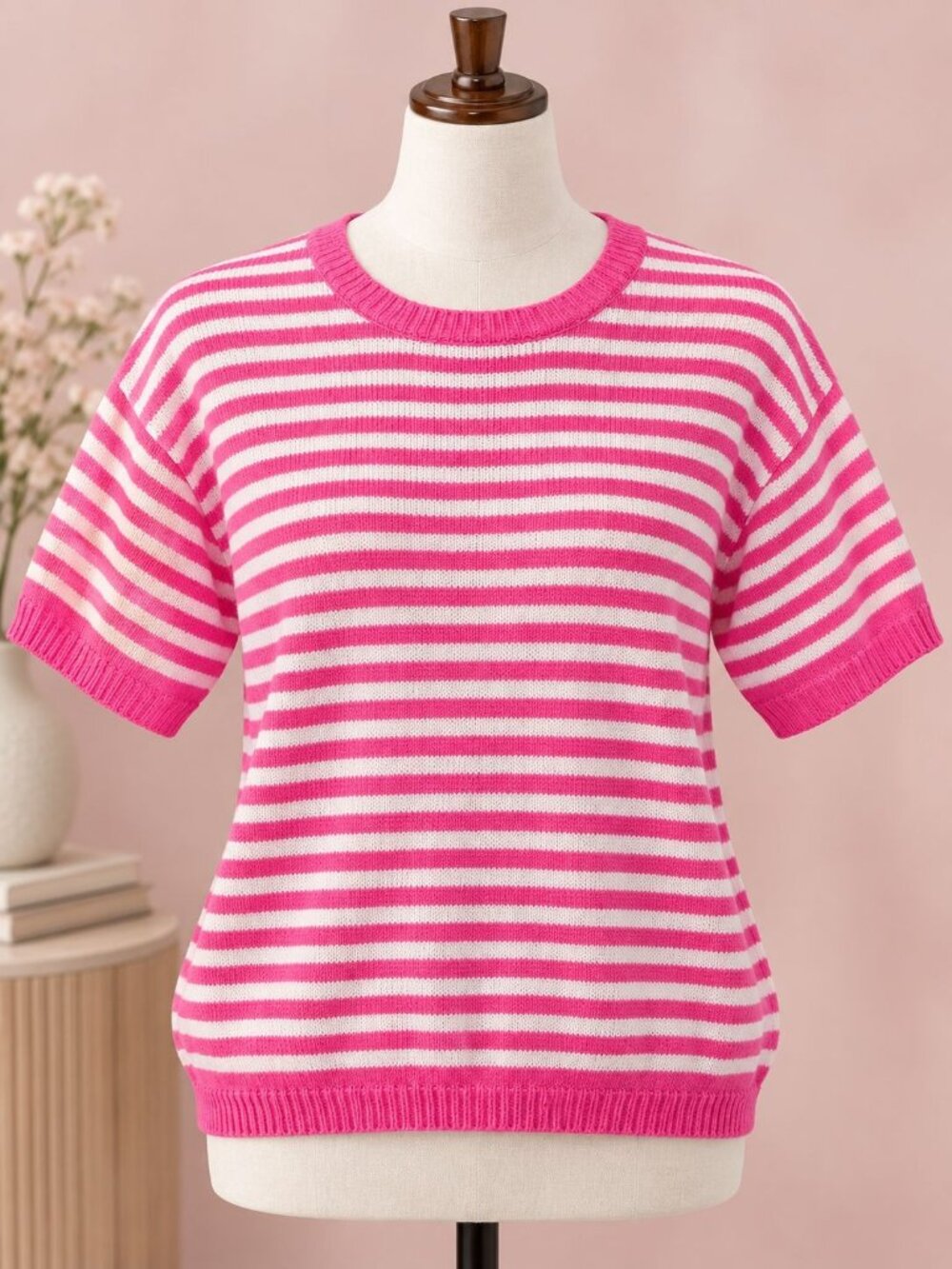Vintage 80s White Stag Ramie Striped Knit Sweater M Pink Barbiecore Sailor Chic